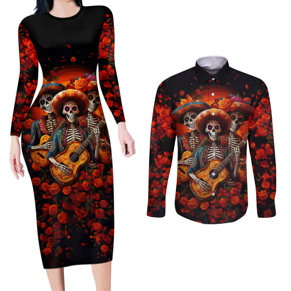 Day of Dead Skull Couples Matching Long Sleeve Bodycon Dress and Long Sleeve Button Shirt Sugar Skull Band Skeleton - Wonder Print Shop