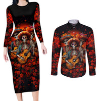 Day of Dead Skull Couples Matching Long Sleeve Bodycon Dress and Long Sleeve Button Shirt Sugar Skull Band Skeleton - Wonder Print Shop