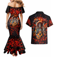 Day of Dead Skull Couples Matching Mermaid Dress and Hawaiian Shirt Sugar Skull Band Skeleton - Wonder Print Shop