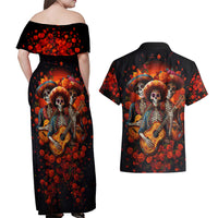 Day of Dead Skull Couples Matching Off Shoulder Maxi Dress and Hawaiian Shirt Sugar Skull Band Skeleton - Wonder Print Shop