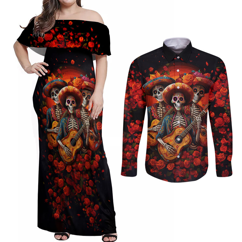 Day of Dead Skull Couples Matching Off Shoulder Maxi Dress and Long Sleeve Button Shirt Sugar Skull Band Skeleton - Wonder Print Shop
