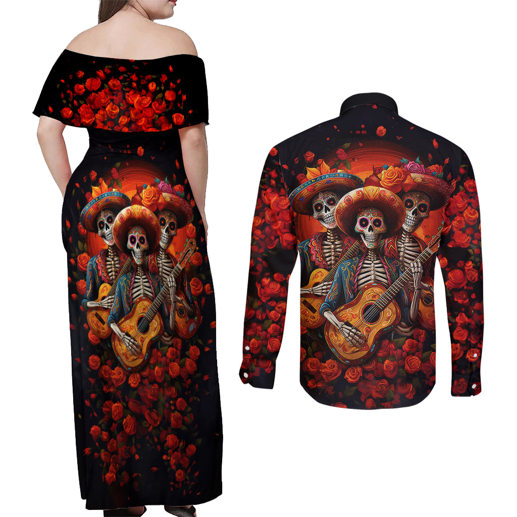 Day of Dead Skull Couples Matching Off Shoulder Maxi Dress and Long Sleeve Button Shirt Sugar Skull Band Skeleton - Wonder Print Shop