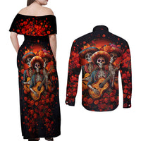 Day of Dead Skull Couples Matching Off Shoulder Maxi Dress and Long Sleeve Button Shirt Sugar Skull Band Skeleton - Wonder Print Shop