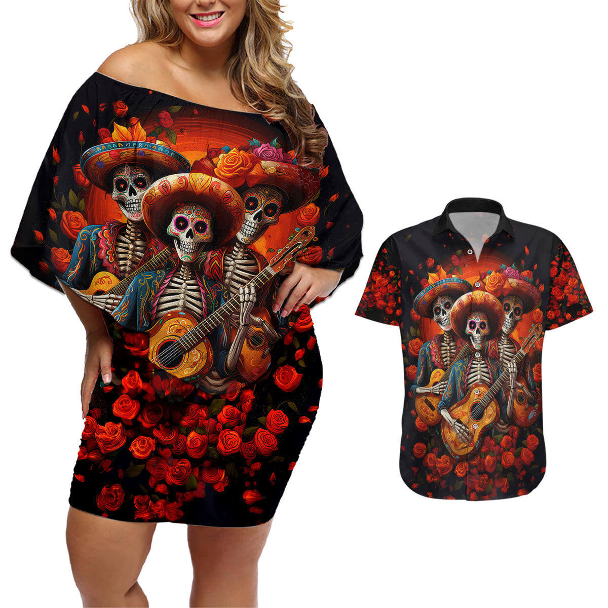 Day of Dead Skull Couples Matching Off Shoulder Short Dress and Hawaiian Shirt Sugar Skull Band Skeleton - Wonder Print Shop