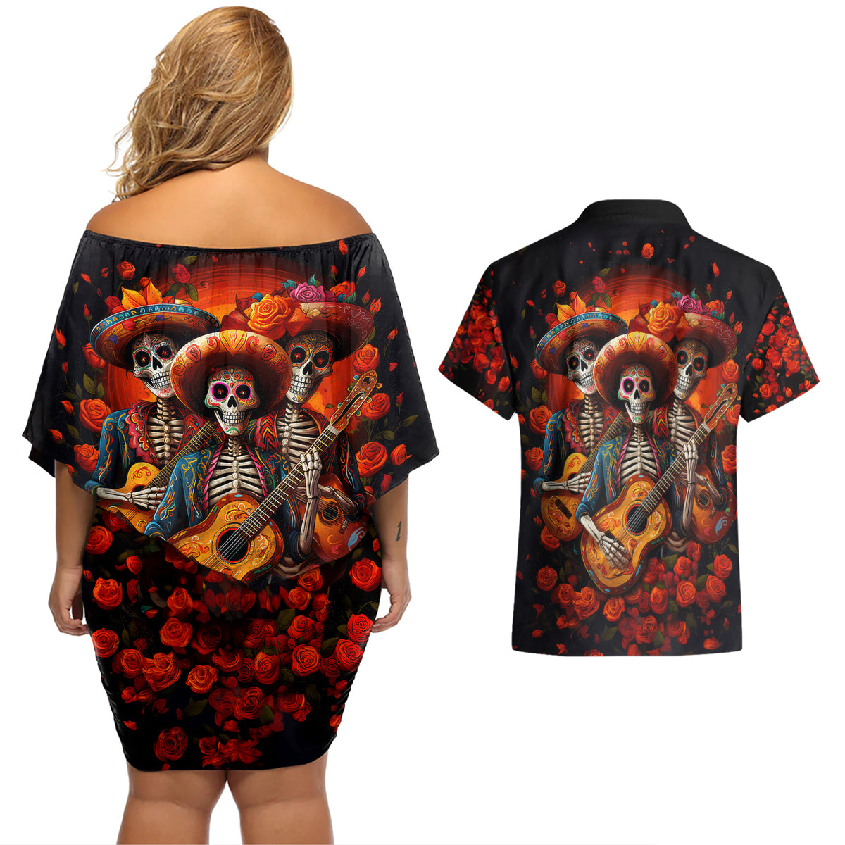 Day of Dead Skull Couples Matching Off Shoulder Short Dress and Hawaiian Shirt Sugar Skull Band Skeleton - Wonder Print Shop