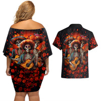 Day of Dead Skull Couples Matching Off Shoulder Short Dress and Hawaiian Shirt Sugar Skull Band Skeleton - Wonder Print Shop