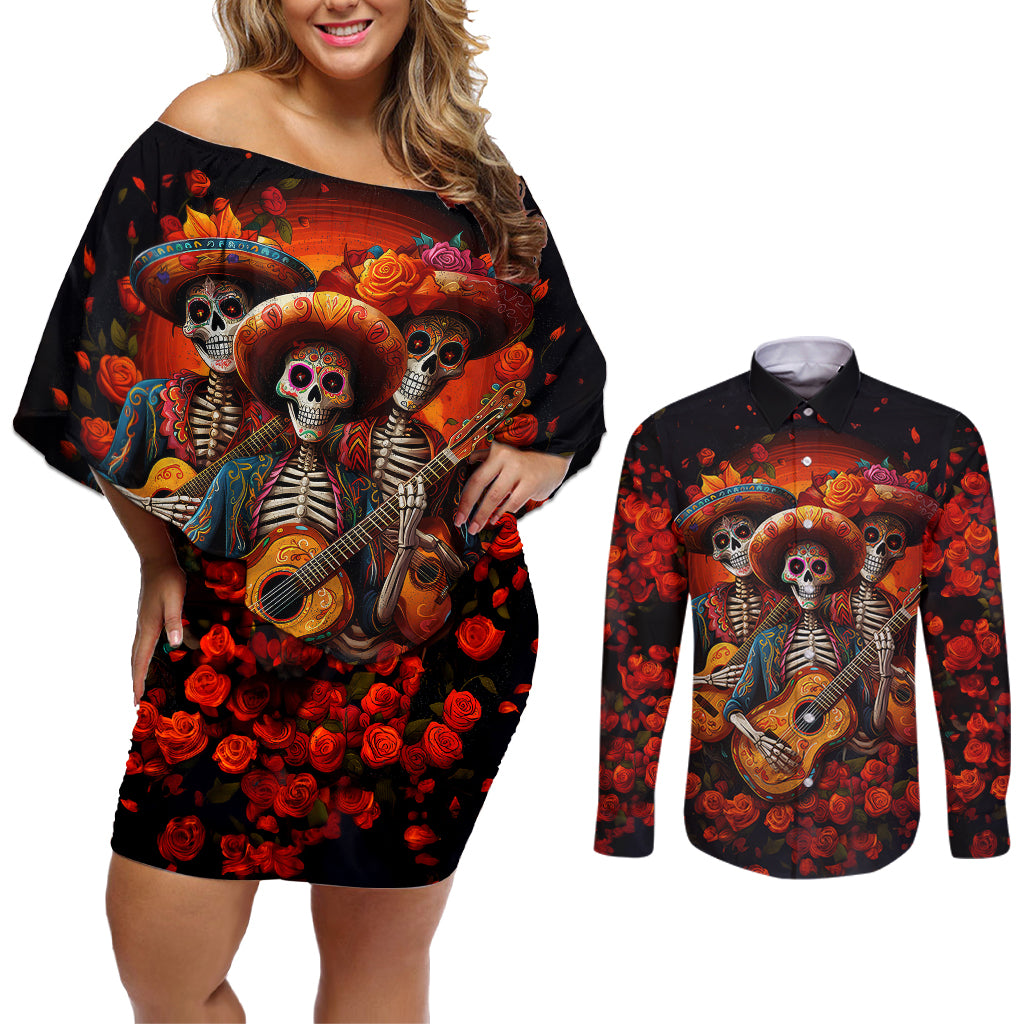 Day of Dead Skull Couples Matching Off Shoulder Short Dress and Long Sleeve Button Shirt Sugar Skull Band Skeleton - Wonder Print Shop
