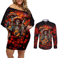 Day of Dead Skull Couples Matching Off Shoulder Short Dress and Long Sleeve Button Shirt Sugar Skull Band Skeleton - Wonder Print Shop