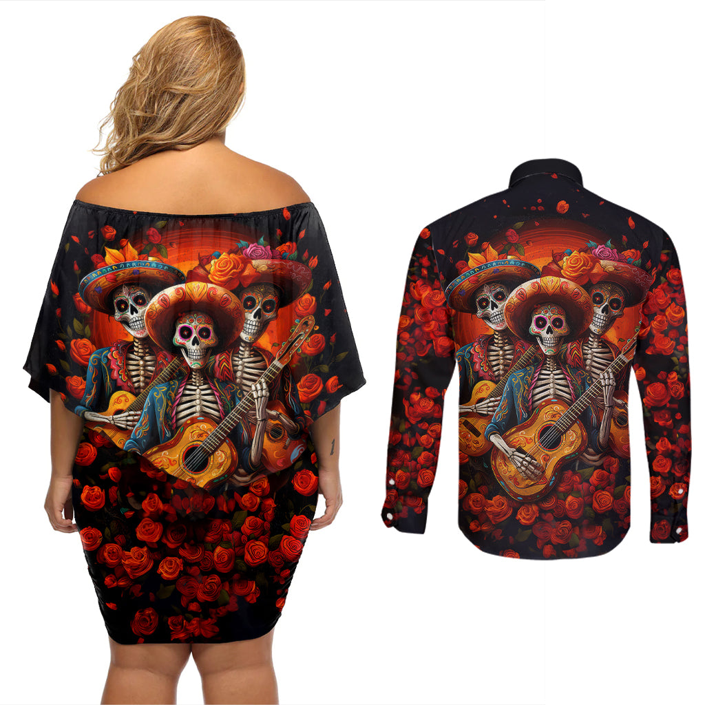 Day of Dead Skull Couples Matching Off Shoulder Short Dress and Long Sleeve Button Shirt Sugar Skull Band Skeleton - Wonder Print Shop