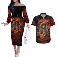 Day of Dead Skull Couples Matching Off The Shoulder Long Sleeve Dress and Hawaiian Shirt Sugar Skull Band Skeleton - Wonder Print Shop