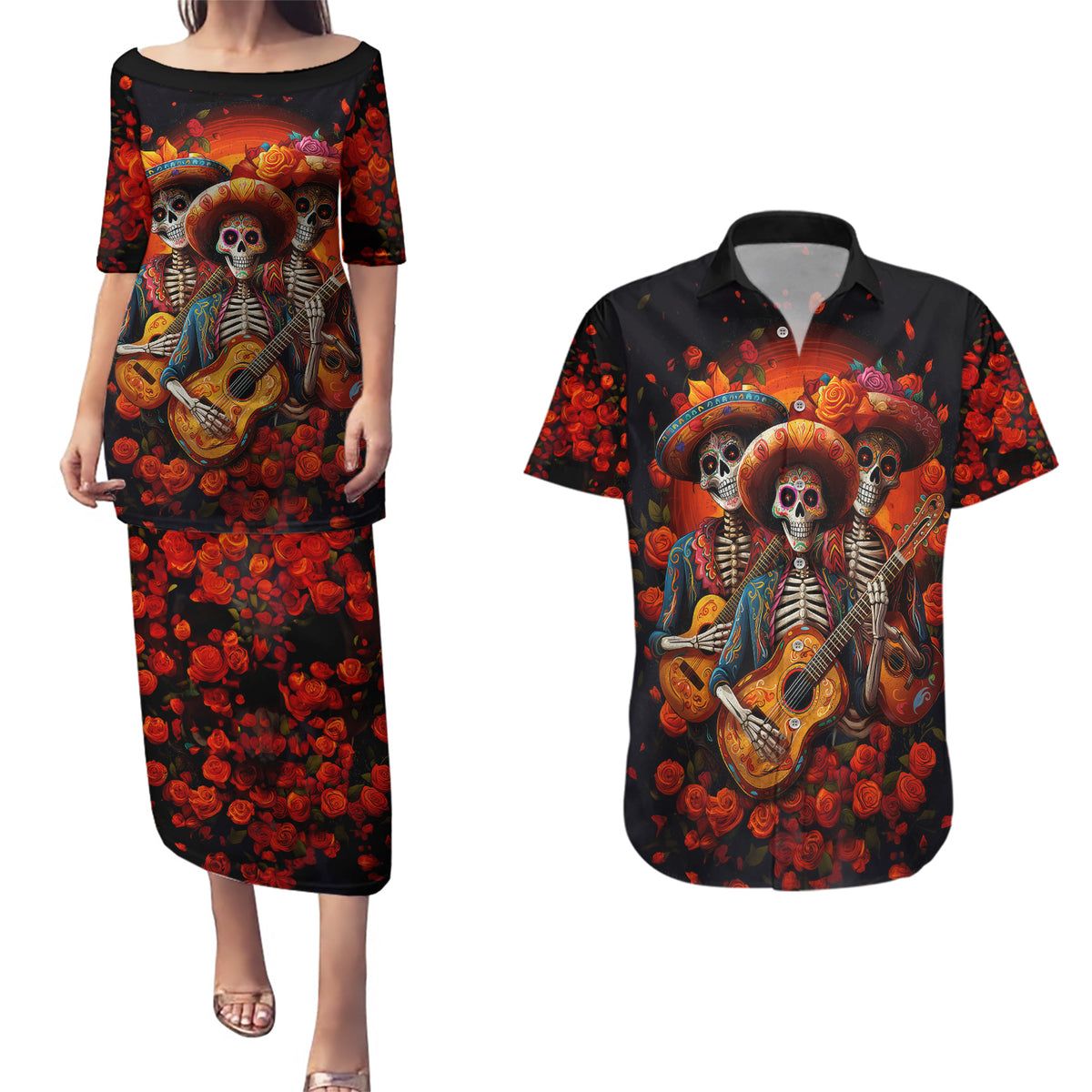 Day of Dead Skull Couples Matching Puletasi Dress and Hawaiian Shirt Sugar Skull Band Skeleton - Wonder Print Shop