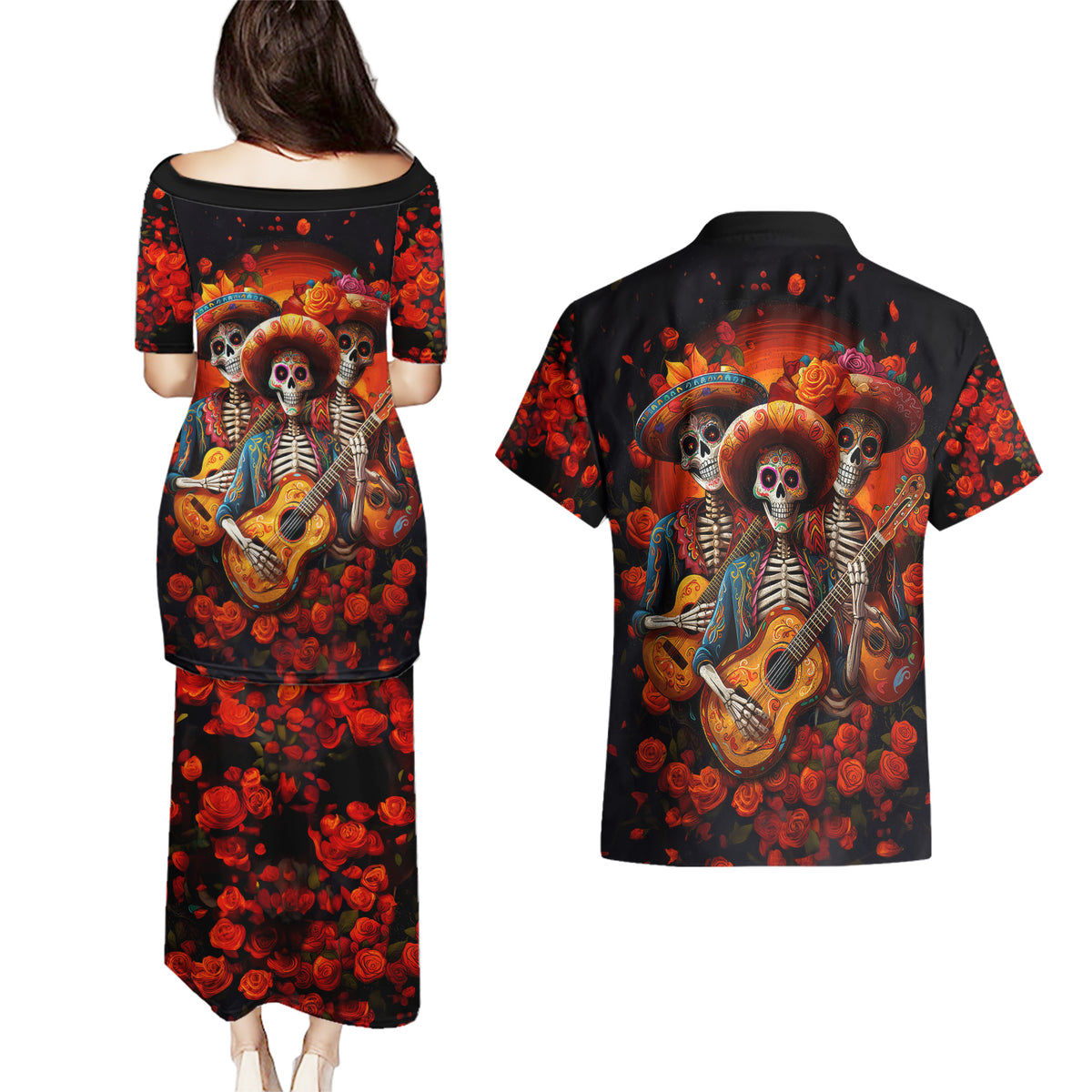 Day of Dead Skull Couples Matching Puletasi Dress and Hawaiian Shirt Sugar Skull Band Skeleton - Wonder Print Shop