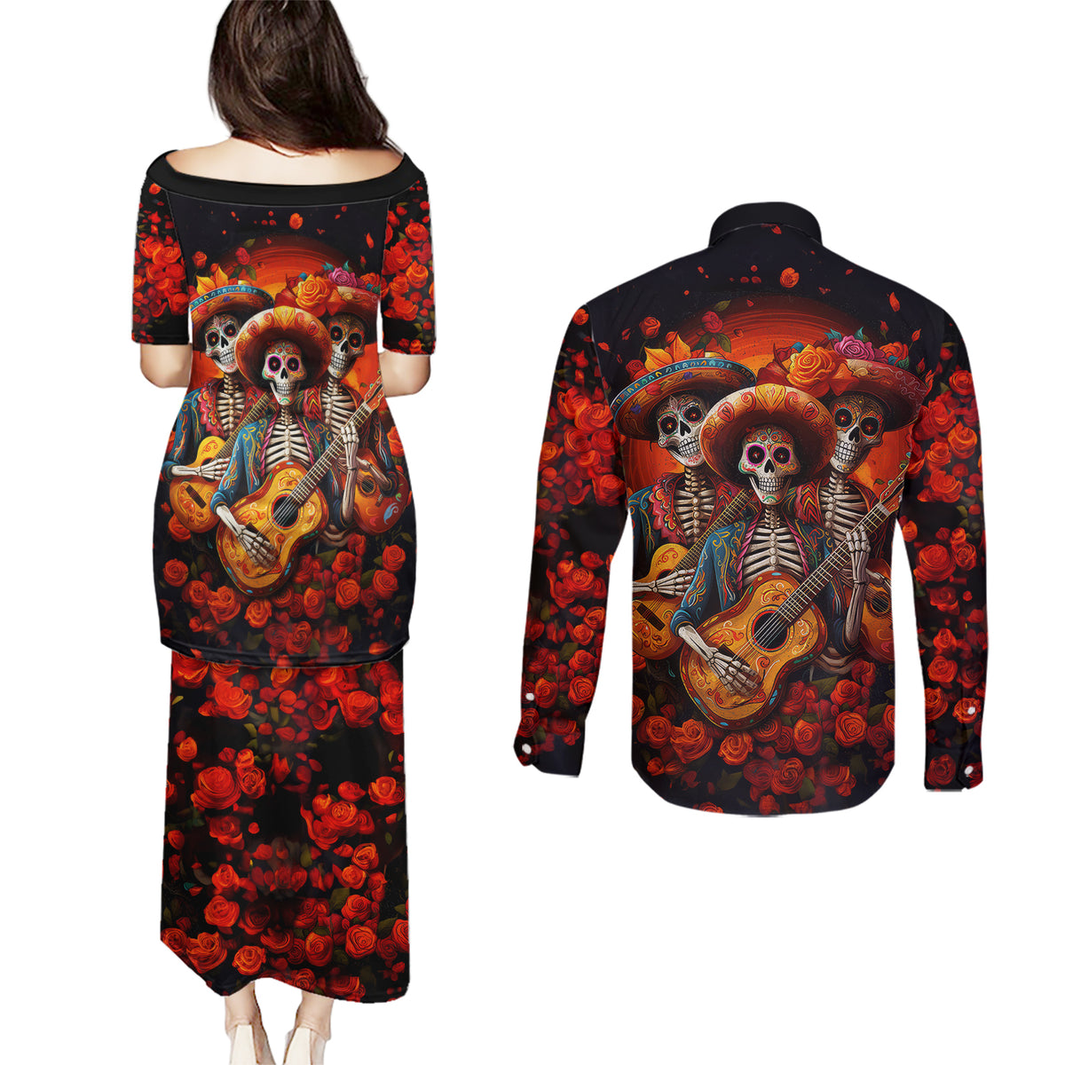 Day of Dead Skull Couples Matching Puletasi Dress and Long Sleeve Button Shirt Sugar Skull Band Skeleton - Wonder Print Shop