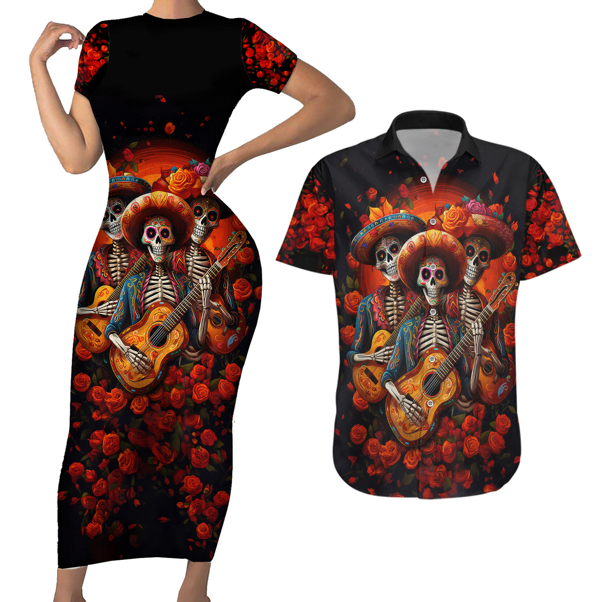 Day of Dead Skull Couples Matching Short Sleeve Bodycon Dress and Hawaiian Shirt Sugar Skull Band Skeleton - Wonder Print Shop