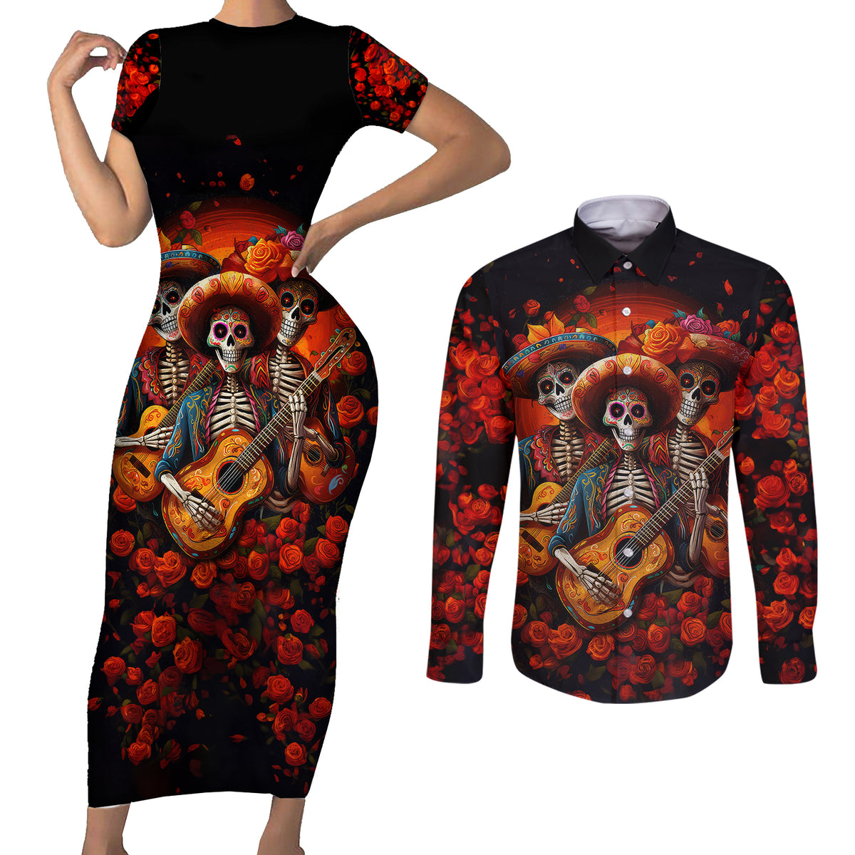 Day of Dead Skull Couples Matching Short Sleeve Bodycon Dress and Long Sleeve Button Shirt Sugar Skull Band Skeleton - Wonder Print Shop