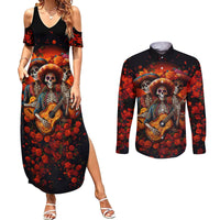 Day of Dead Skull Couples Matching Summer Maxi Dress and Long Sleeve Button Shirt Sugar Skull Band Skeleton - Wonder Print Shop