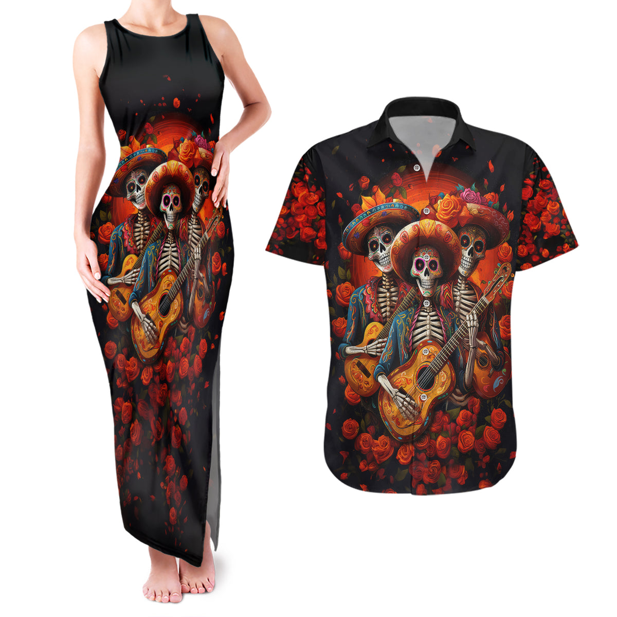 Day of Dead Skull Couples Matching Tank Maxi Dress and Hawaiian Shirt Sugar Skull Band Skeleton - Wonder Print Shop