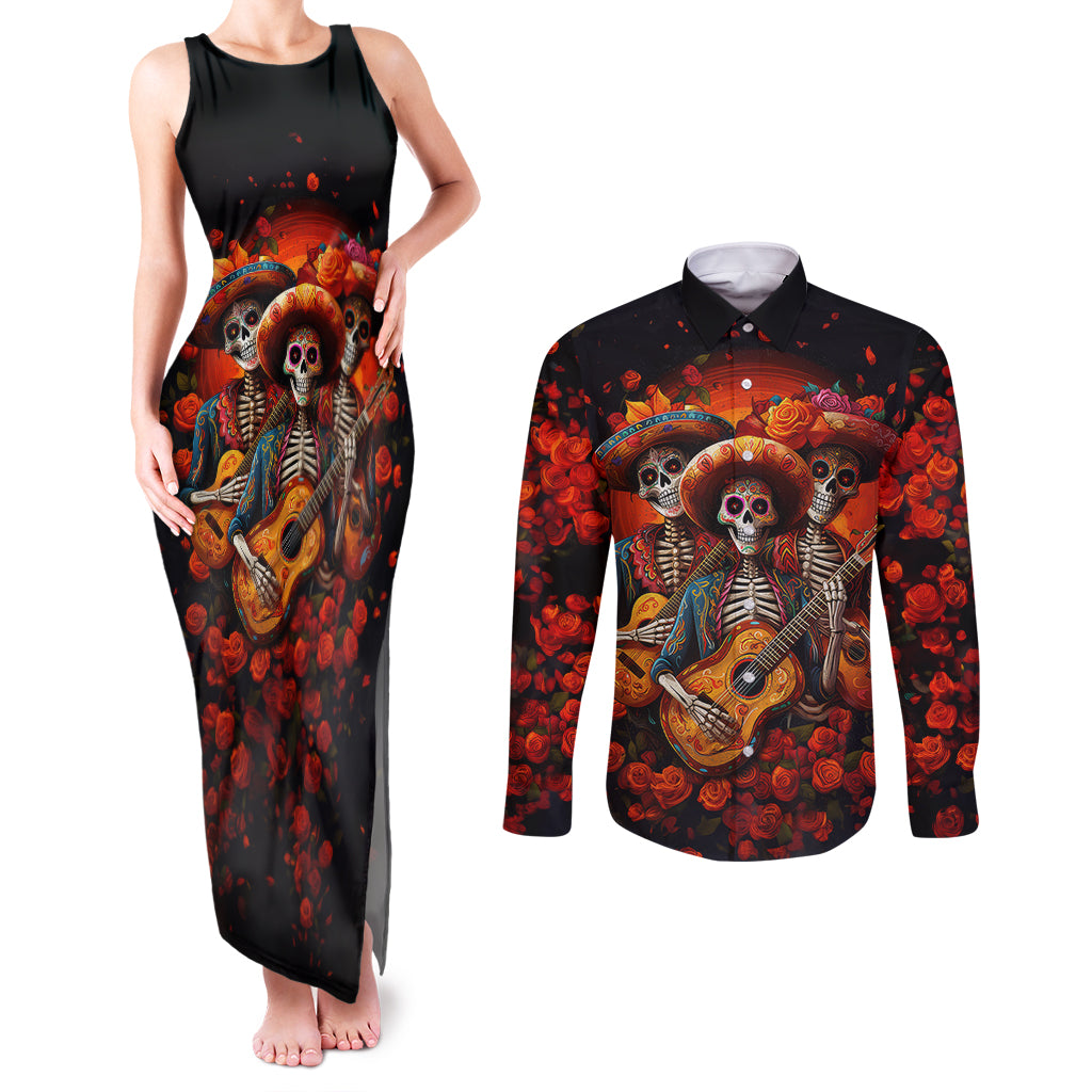 Day of Dead Skull Couples Matching Tank Maxi Dress and Long Sleeve Button Shirt Sugar Skull Band Skeleton - Wonder Print Shop