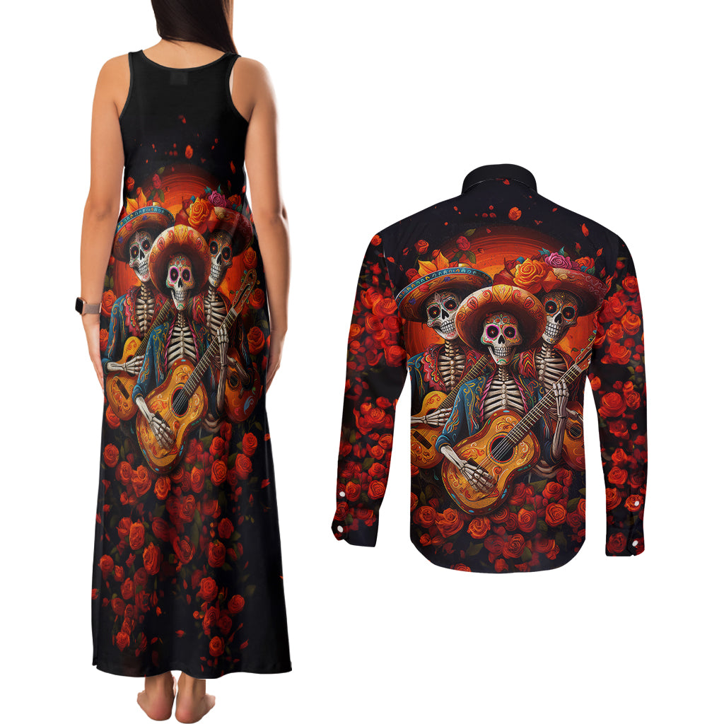 Day of Dead Skull Couples Matching Tank Maxi Dress and Long Sleeve Button Shirt Sugar Skull Band Skeleton - Wonder Print Shop