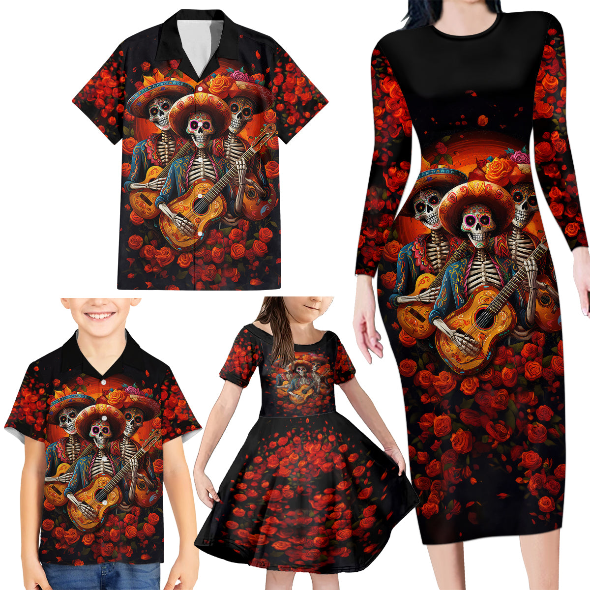 Day of Dead Skull Family Matching Long Sleeve Bodycon Dress and Hawaiian Shirt Sugar Skull Band Skeleton - Wonder Print Shop