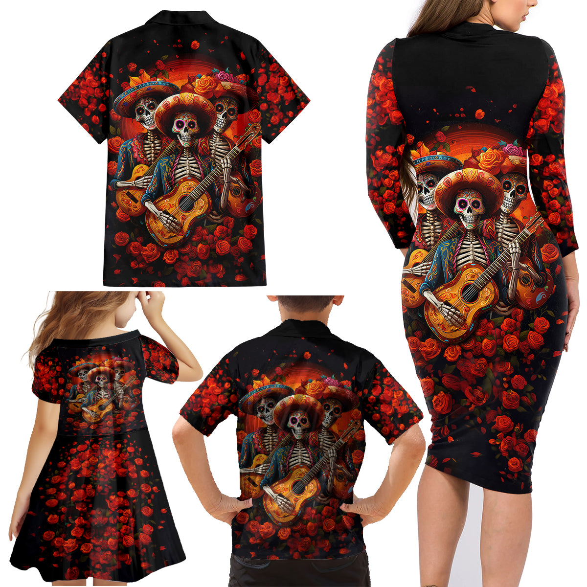 Day of Dead Skull Family Matching Long Sleeve Bodycon Dress and Hawaiian Shirt Sugar Skull Band Skeleton - Wonder Print Shop