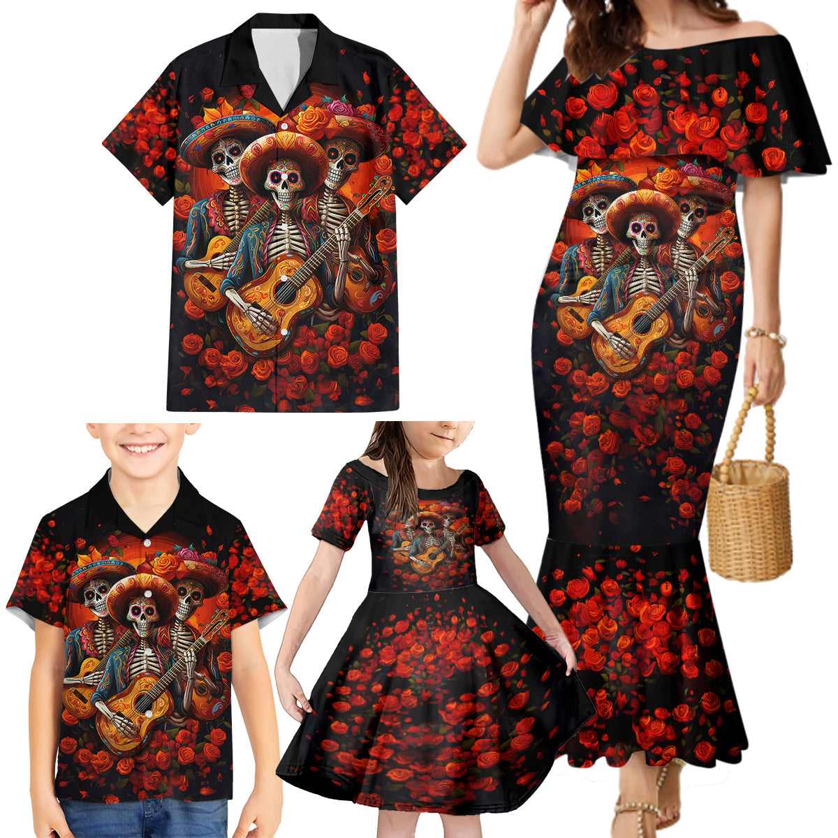 Day of Dead Skull Family Matching Mermaid Dress and Hawaiian Shirt Sugar Skull Band Skeleton - Wonder Print Shop
