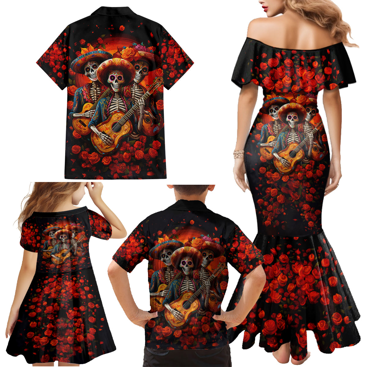 Day of Dead Skull Family Matching Mermaid Dress and Hawaiian Shirt Sugar Skull Band Skeleton - Wonder Print Shop