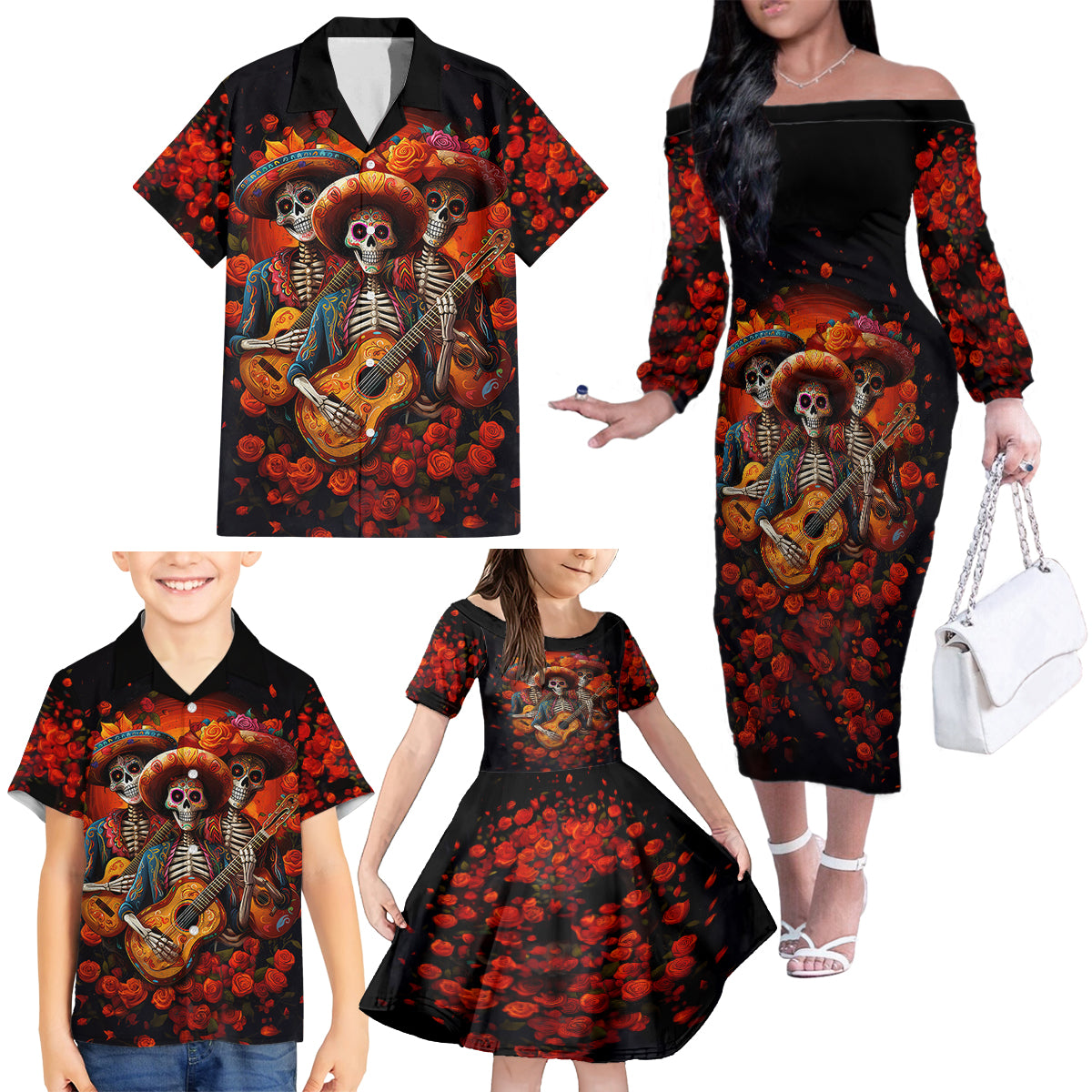 Day of Dead Skull Family Matching Off Shoulder Long Sleeve Dress and Hawaiian Shirt Sugar Skull Band Skeleton - Wonder Print Shop