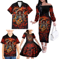 Day of Dead Skull Family Matching Off Shoulder Long Sleeve Dress and Hawaiian Shirt Sugar Skull Band Skeleton - Wonder Print Shop