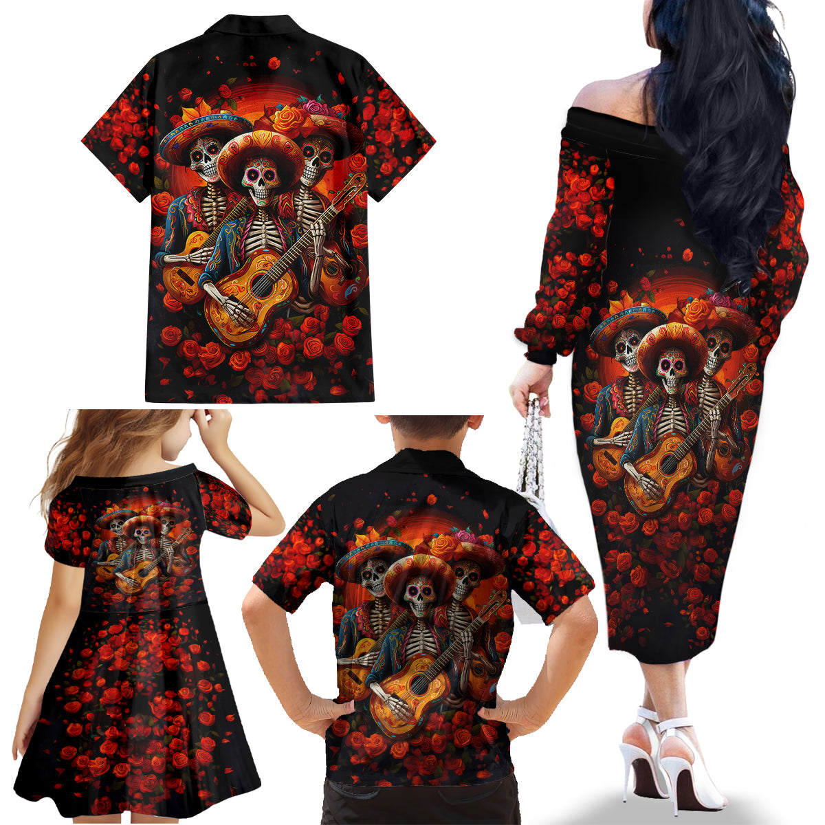 Day of Dead Skull Family Matching Off Shoulder Long Sleeve Dress and Hawaiian Shirt Sugar Skull Band Skeleton - Wonder Print Shop