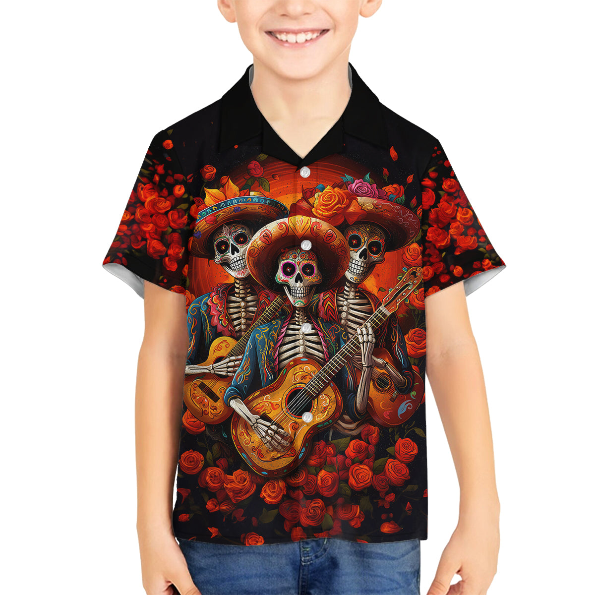 Day of Dead Skull Family Matching Off Shoulder Long Sleeve Dress and Hawaiian Shirt Sugar Skull Band Skeleton - Wonder Print Shop