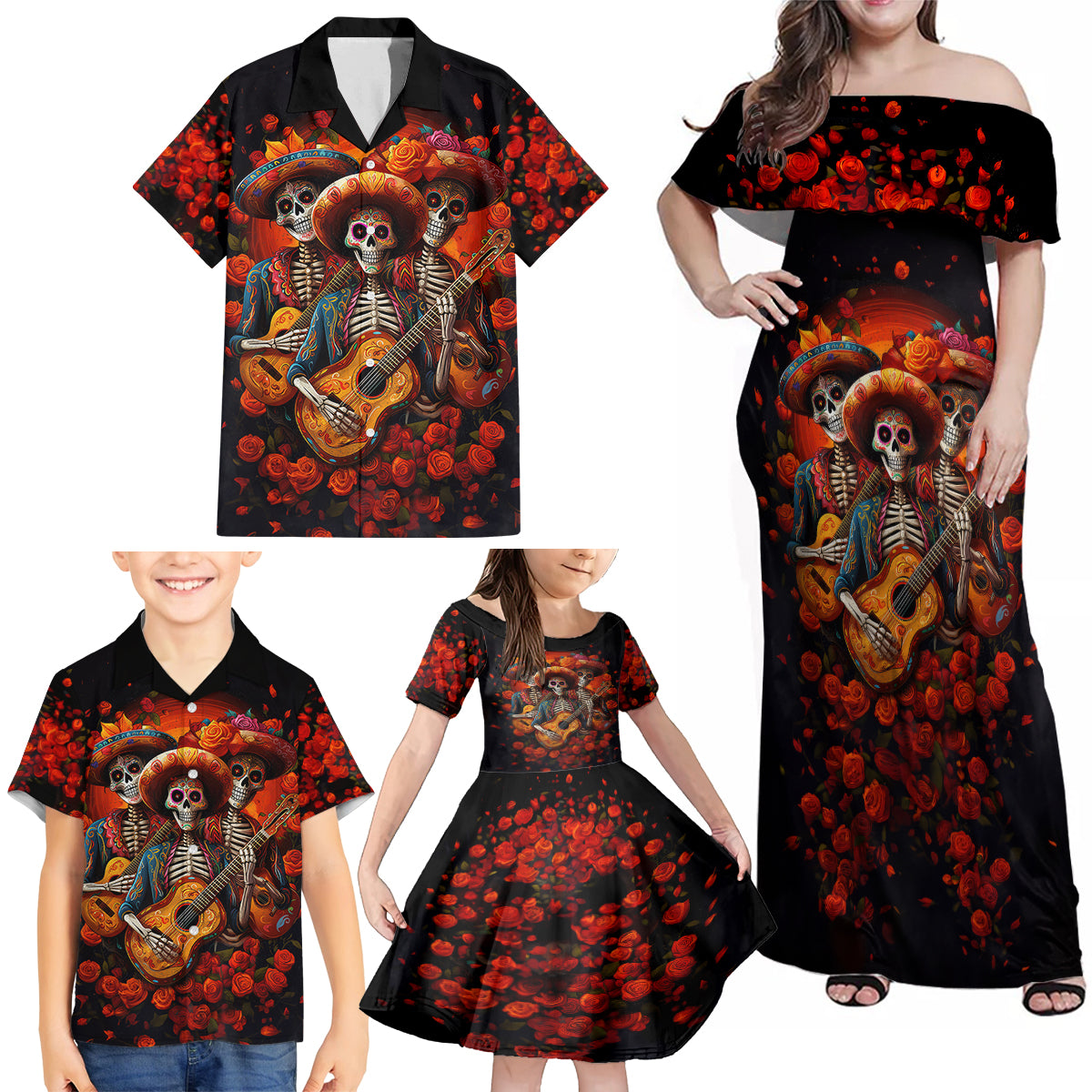Day of Dead Skull Family Matching Off Shoulder Maxi Dress and Hawaiian Shirt Sugar Skull Band Skeleton - Wonder Print Shop