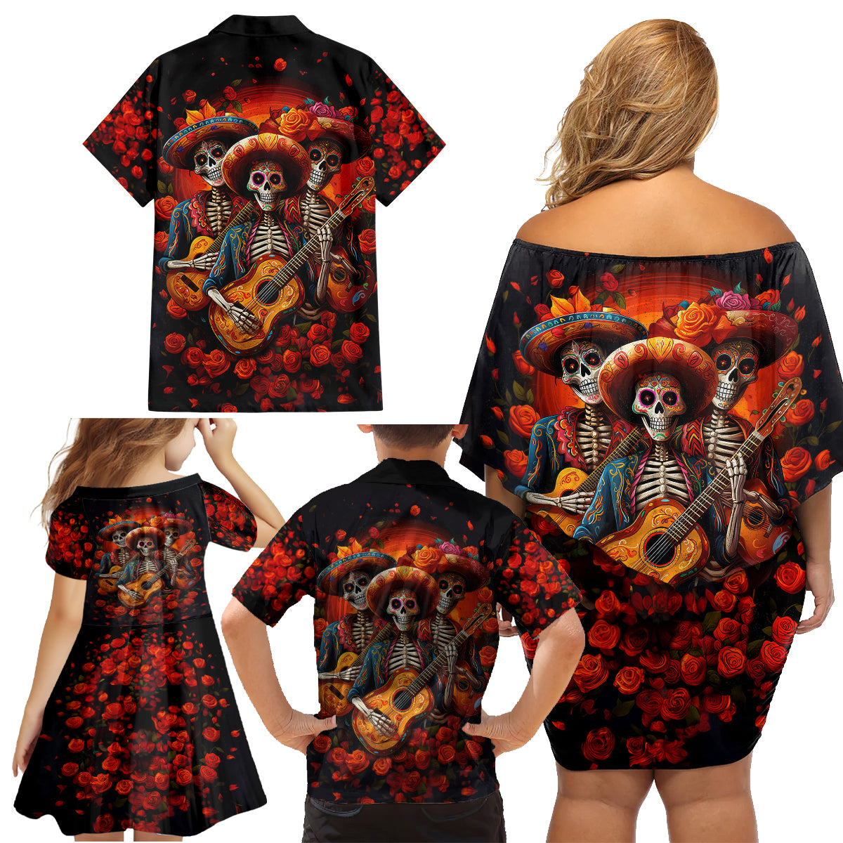 Day of Dead Skull Family Matching Off Shoulder Short Dress and Hawaiian Shirt Sugar Skull Band Skeleton - Wonder Print Shop