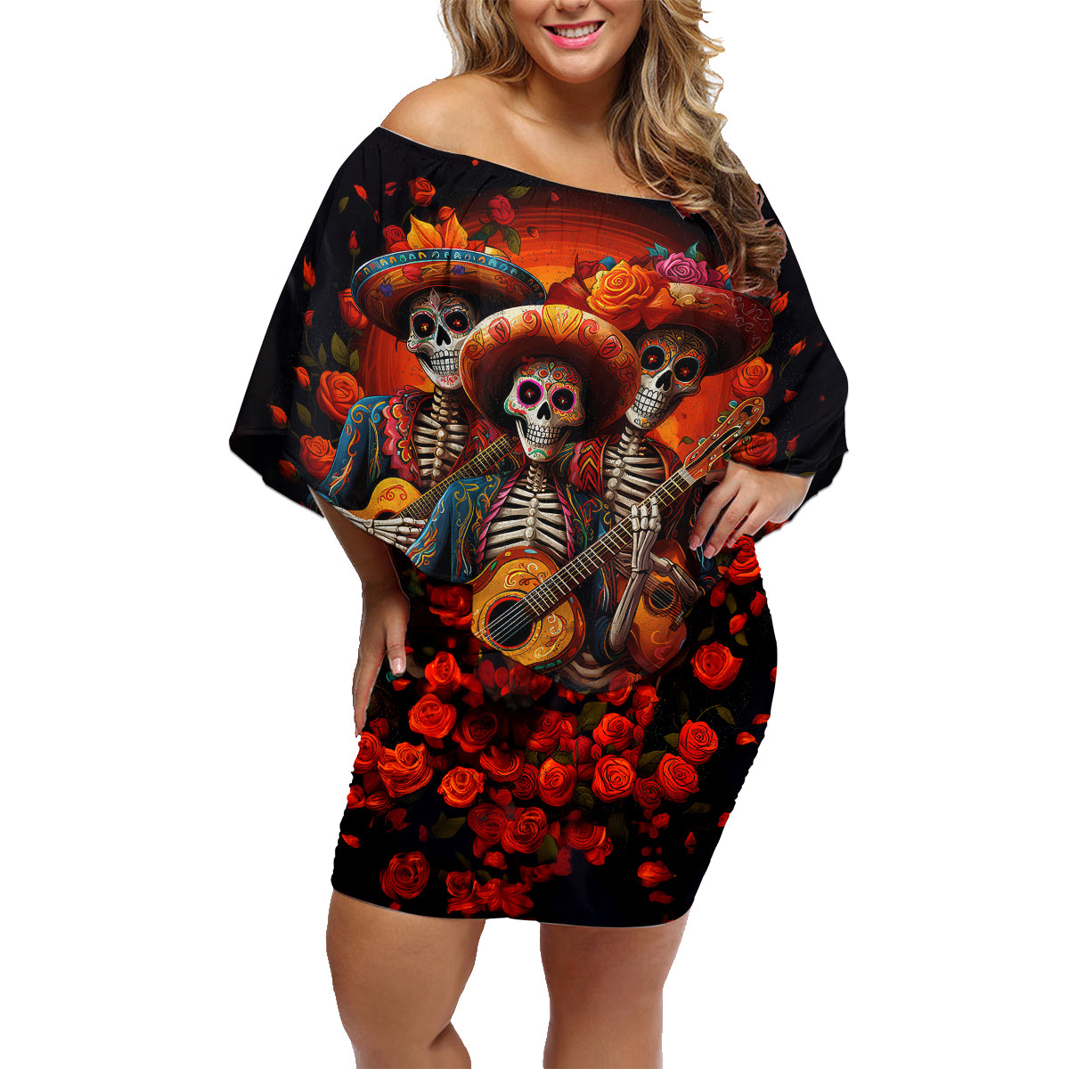 Day of Dead Skull Family Matching Off Shoulder Short Dress and Hawaiian Shirt Sugar Skull Band Skeleton - Wonder Print Shop