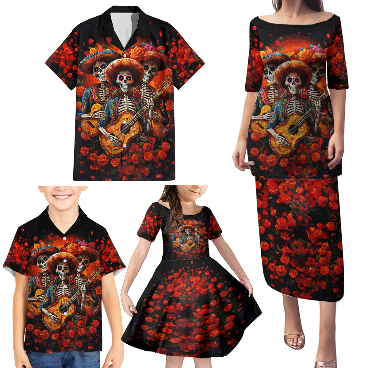 Day of Dead Skull Family Matching Puletasi Dress and Hawaiian Shirt Sugar Skull Band Skeleton - Wonder Print Shop