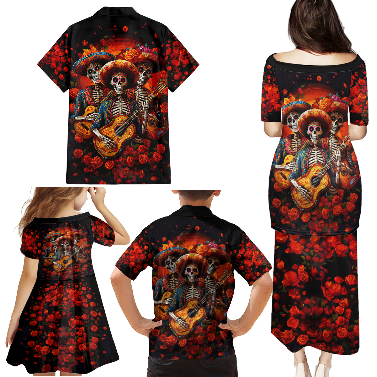 Day of Dead Skull Family Matching Puletasi Dress and Hawaiian Shirt Sugar Skull Band Skeleton - Wonder Print Shop