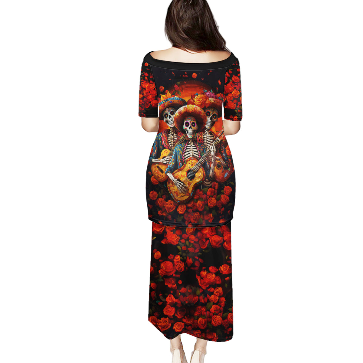 Day of Dead Skull Family Matching Puletasi Dress and Hawaiian Shirt Sugar Skull Band Skeleton - Wonder Print Shop