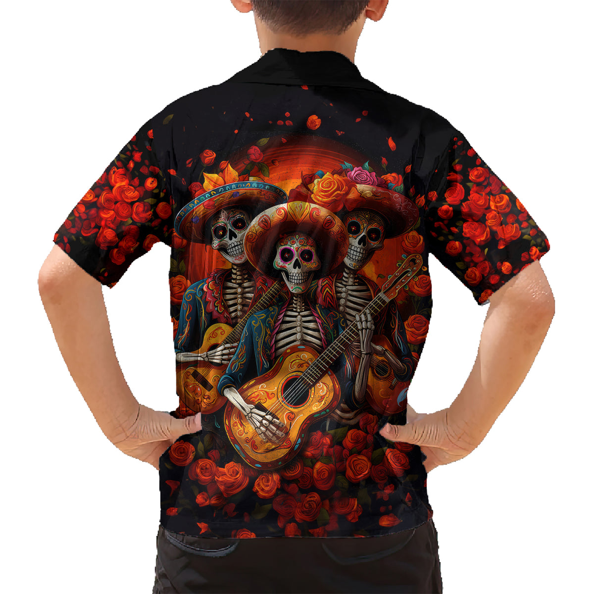 Day of Dead Skull Family Matching Short Sleeve Bodycon Dress and Hawaiian Shirt Sugar Skull Band Skeleton - Wonder Print Shop