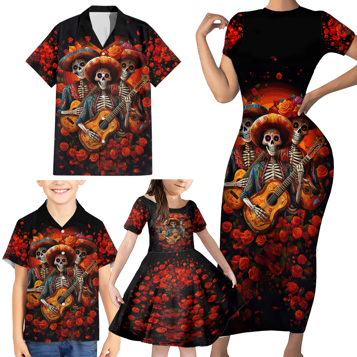 Day of Dead Skull Family Matching Short Sleeve Bodycon Dress and Hawaiian Shirt Sugar Skull Band Skeleton - Wonder Print Shop