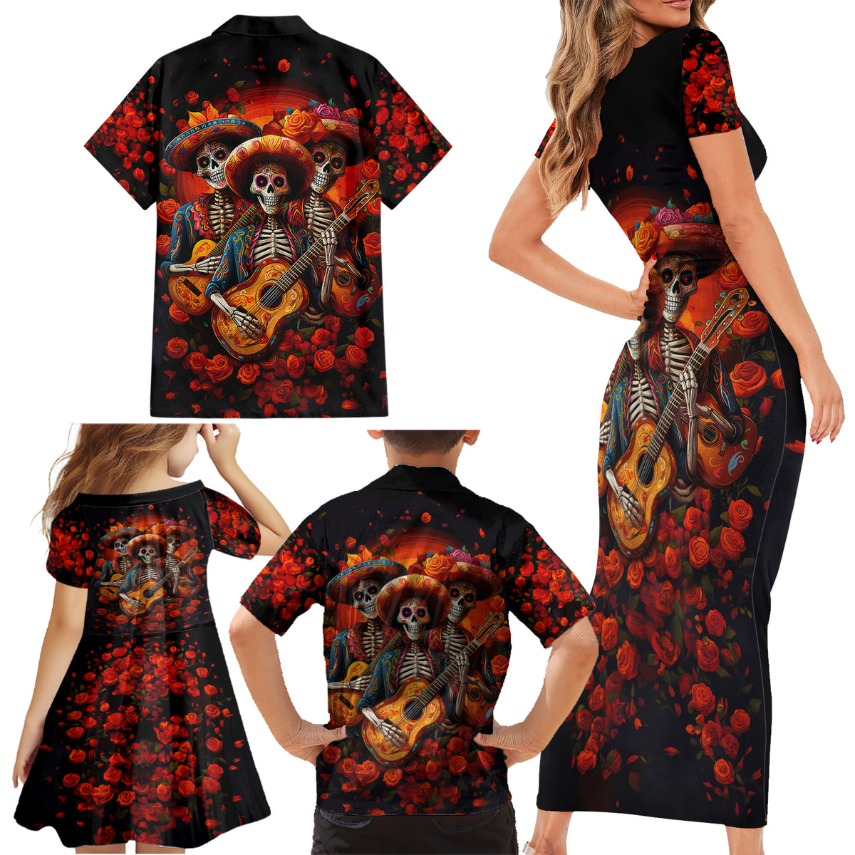 Day of Dead Skull Family Matching Short Sleeve Bodycon Dress and Hawaiian Shirt Sugar Skull Band Skeleton - Wonder Print Shop