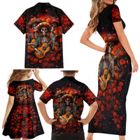 Day of Dead Skull Family Matching Short Sleeve Bodycon Dress and Hawaiian Shirt Sugar Skull Band Skeleton - Wonder Print Shop