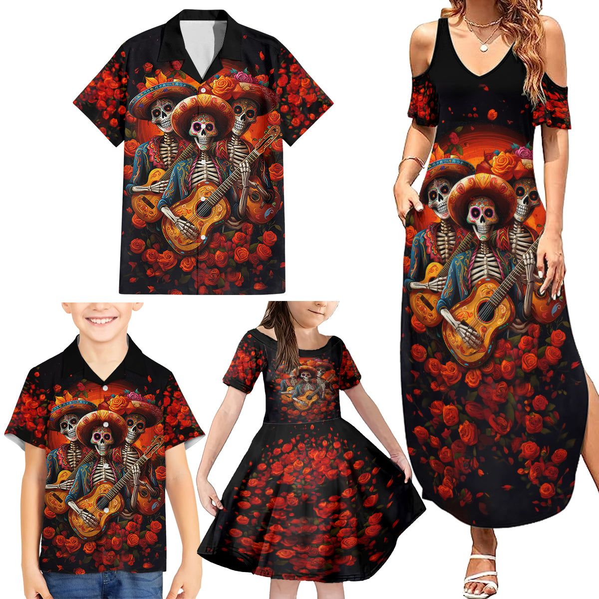 Day of Dead Skull Family Matching Summer Maxi Dress and Hawaiian Shirt Sugar Skull Band Skeleton - Wonder Print Shop