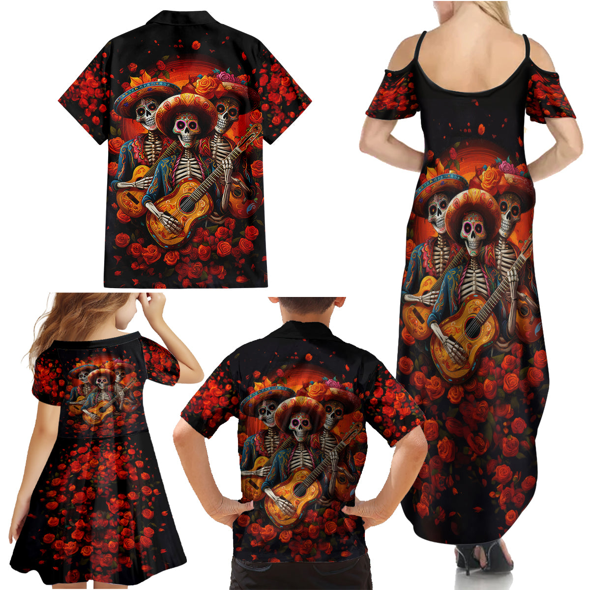 Day of Dead Skull Family Matching Summer Maxi Dress and Hawaiian Shirt Sugar Skull Band Skeleton - Wonder Print Shop