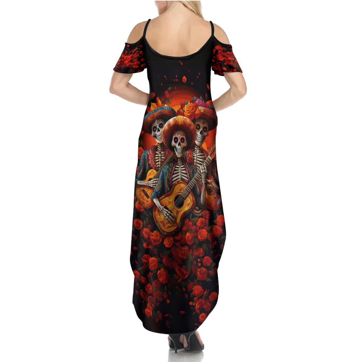 Day of Dead Skull Family Matching Summer Maxi Dress and Hawaiian Shirt Sugar Skull Band Skeleton - Wonder Print Shop