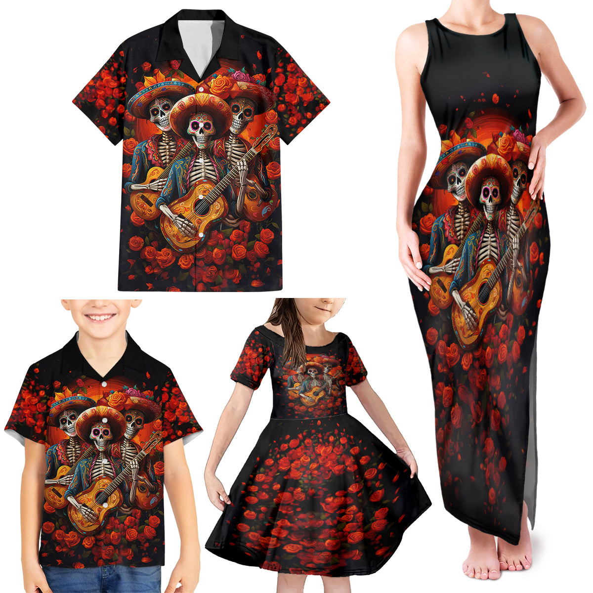 Day of Dead Skull Family Matching Tank Maxi Dress and Hawaiian Shirt Sugar Skull Band Skeleton - Wonder Print Shop