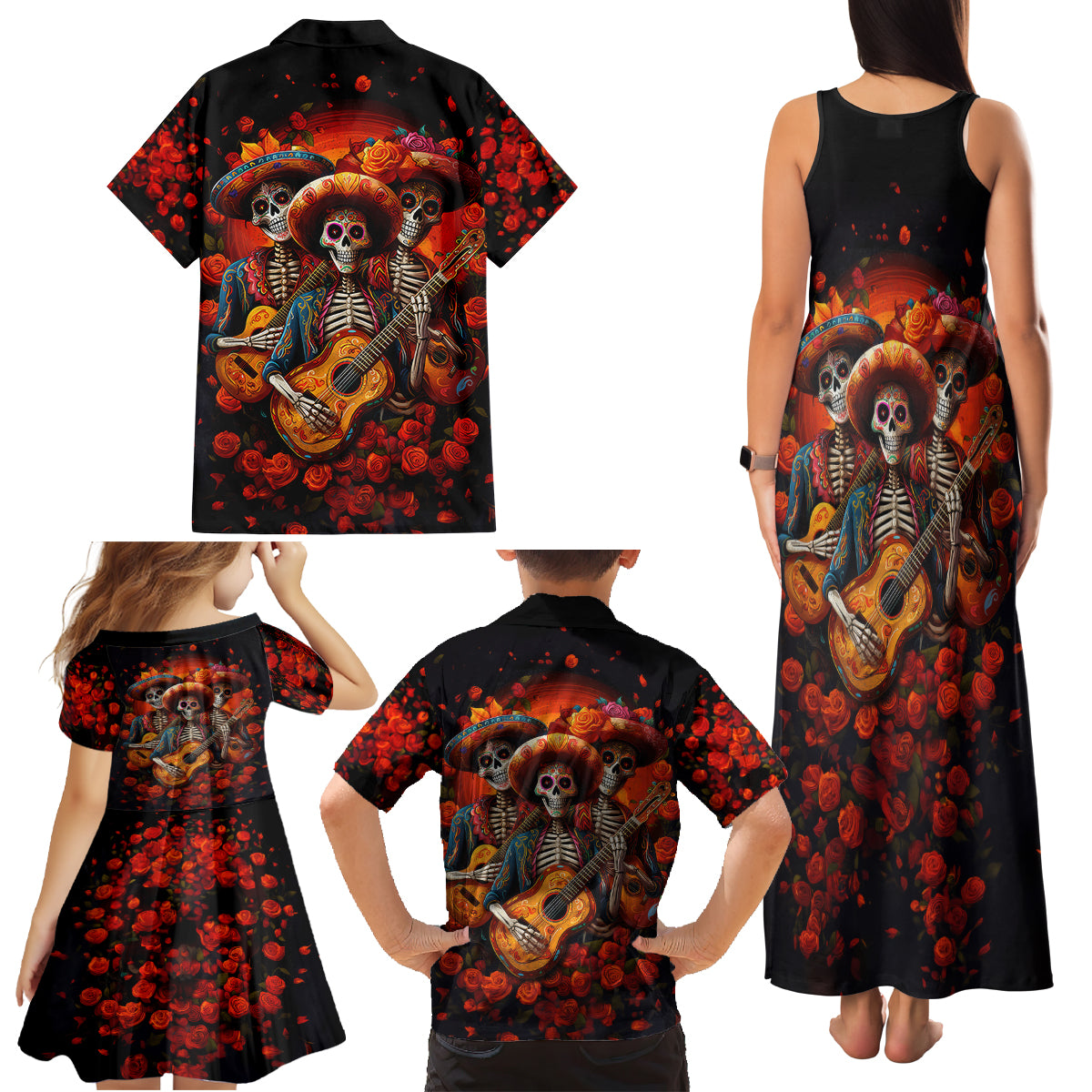 Day of Dead Skull Family Matching Tank Maxi Dress and Hawaiian Shirt Sugar Skull Band Skeleton - Wonder Print Shop