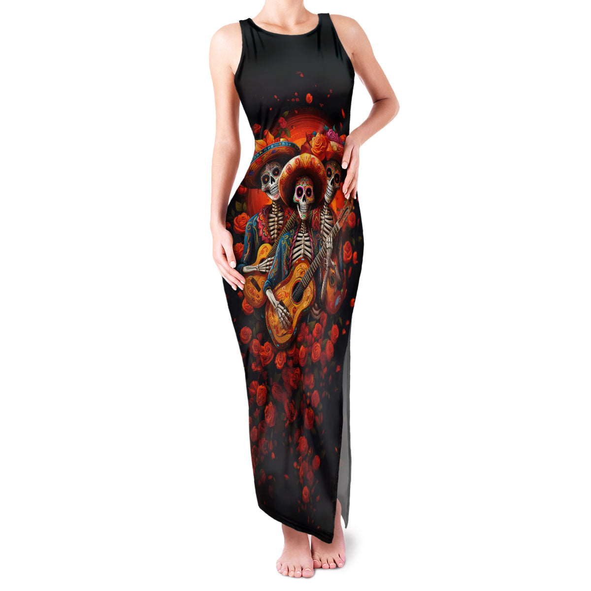 Day of Dead Skull Family Matching Tank Maxi Dress and Hawaiian Shirt Sugar Skull Band Skeleton - Wonder Print Shop