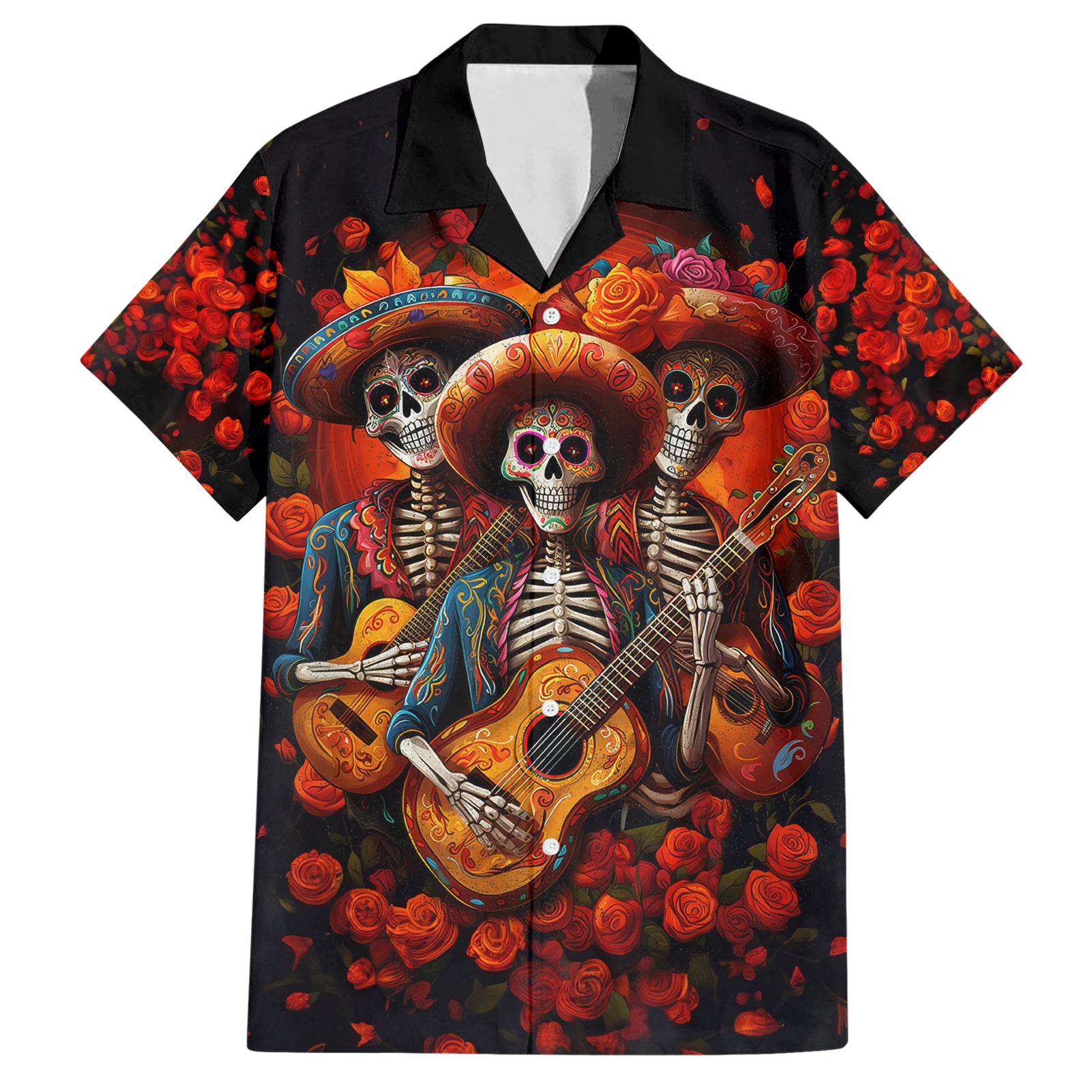 Day of Dead Skull Hawaiian Shirt Sugar Skull Band Skeleton - Wonder Print Shop