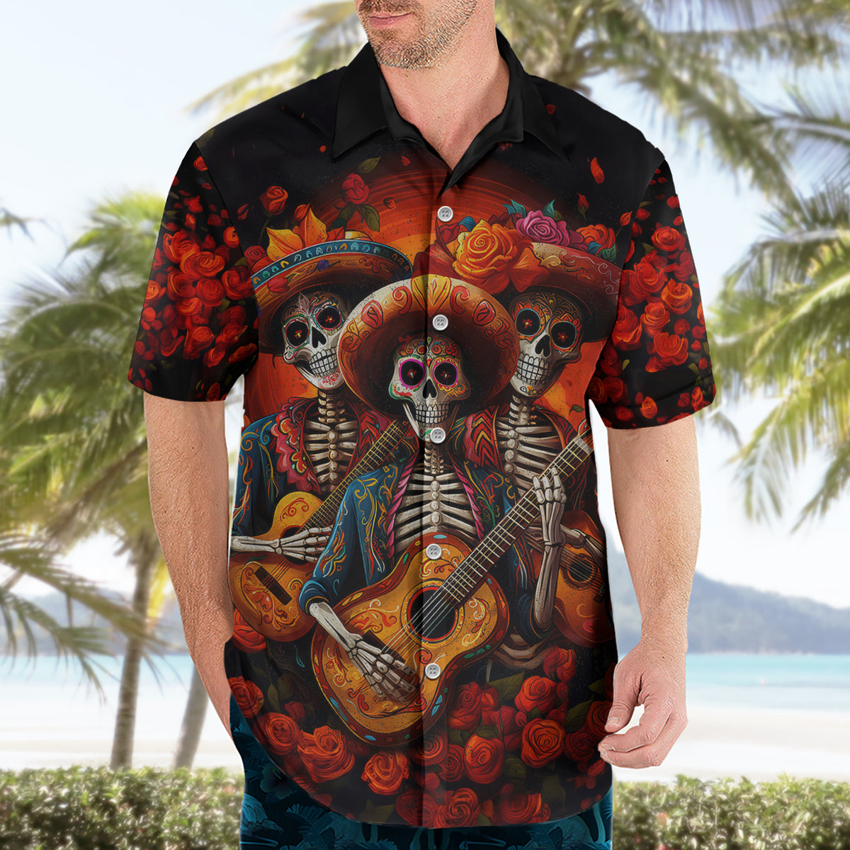 Day of Dead Skull Hawaiian Shirt Sugar Skull Band Skeleton - Wonder Print Shop