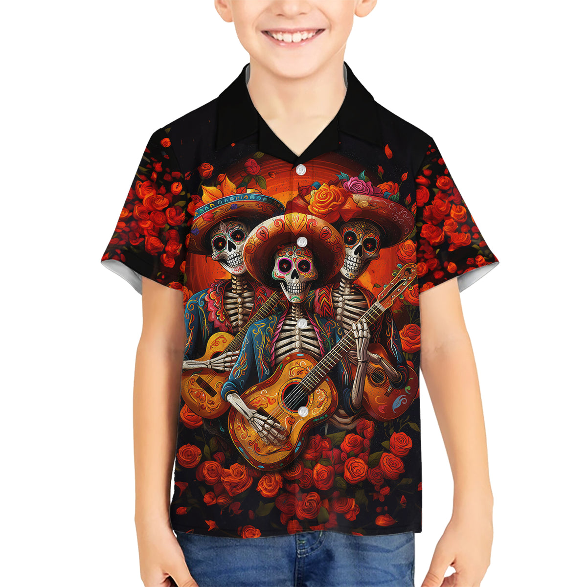 Day of Dead Skull Hawaiian Shirt Sugar Skull Band Skeleton - Wonder Print Shop